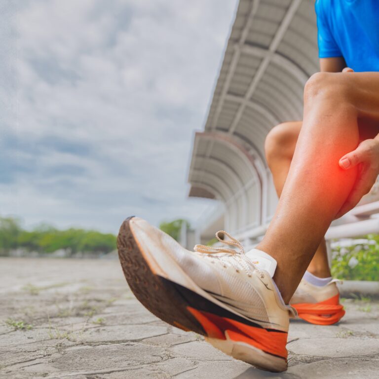 Athlete sitting on the ground holding a sore calf during a winter sports season